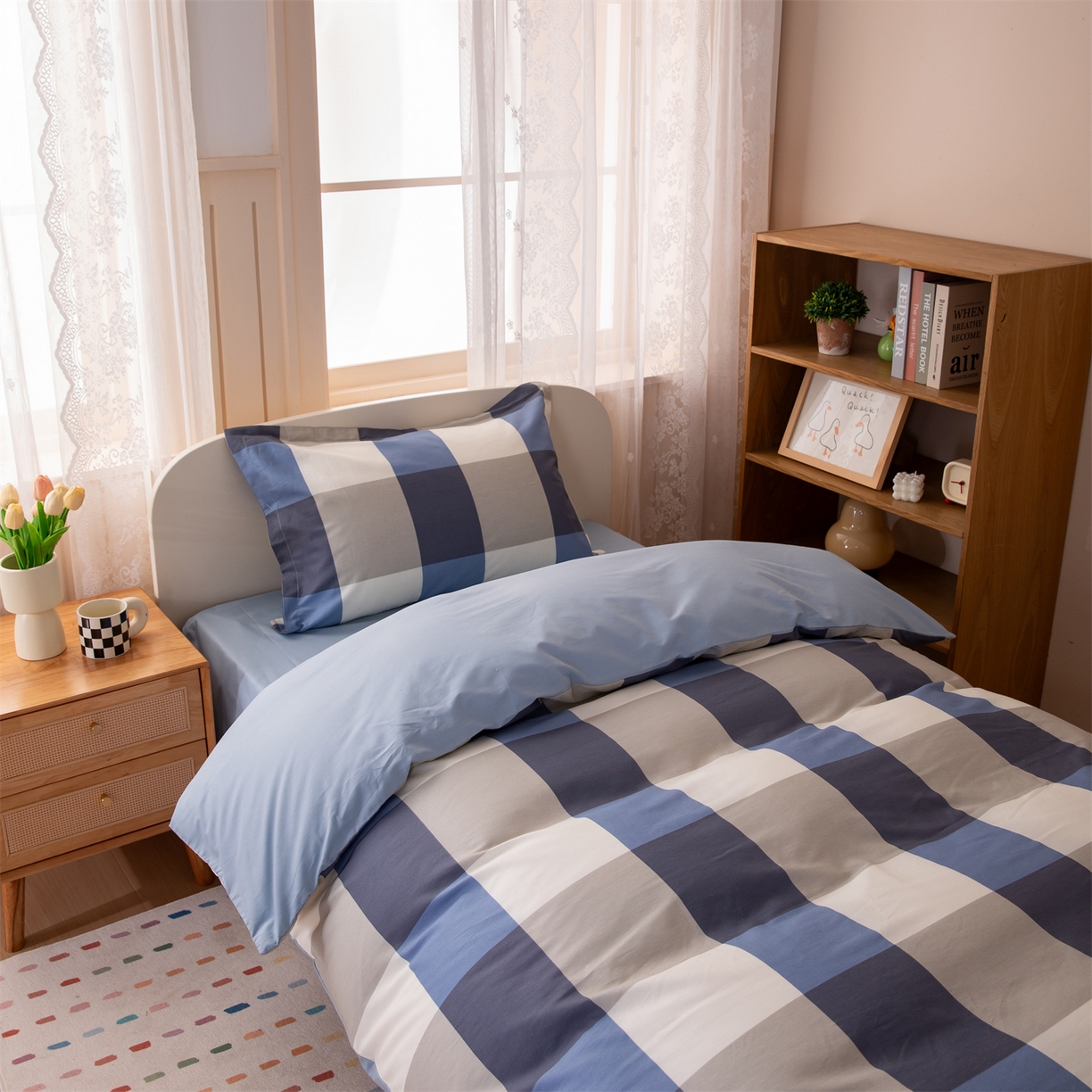 91家纺网 家纺一手货源 找家纺 凌云家纺 2025新款13372全棉纯棉学生床单款三件套上下铺宿舍六件套一整套 蓝大格蓝