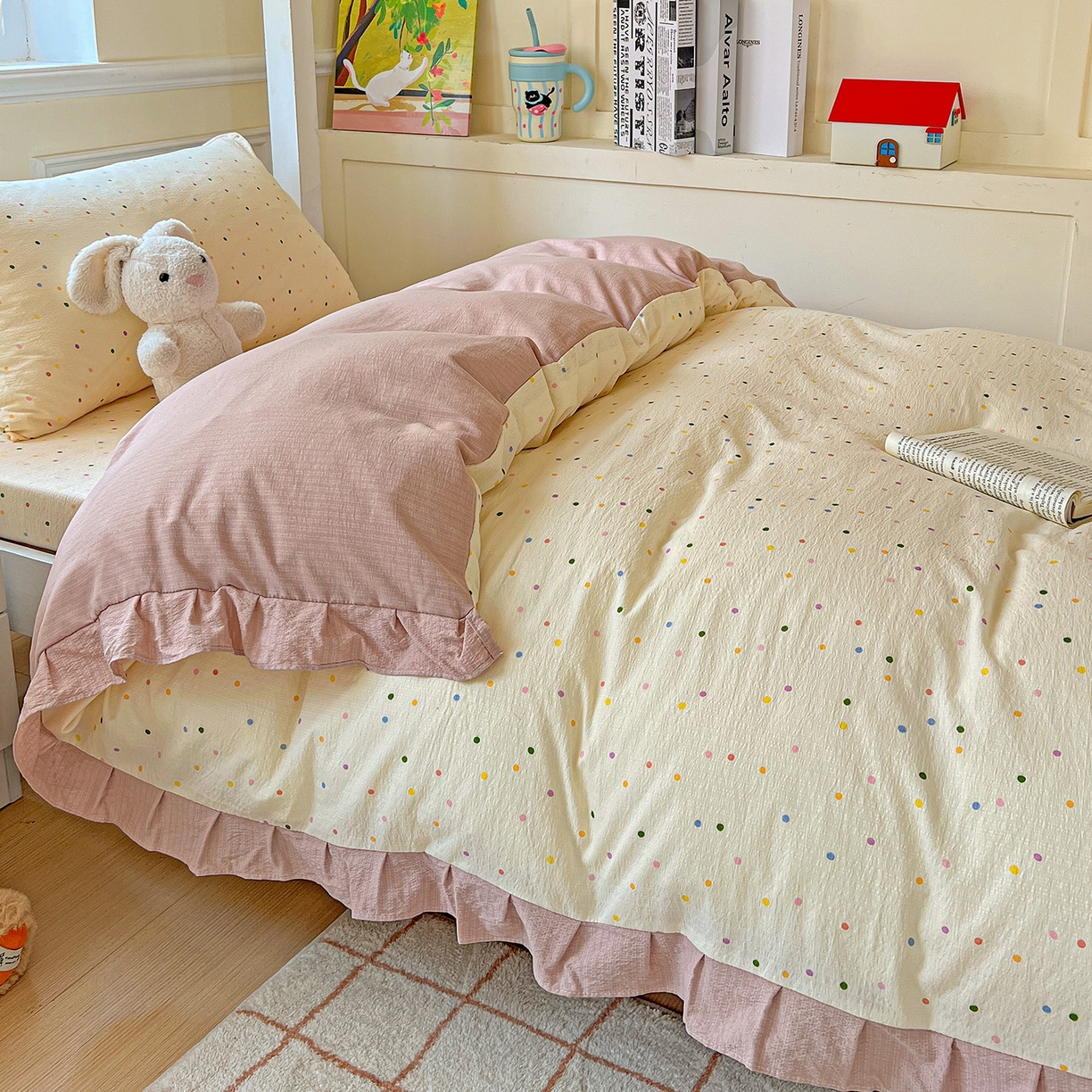 91家纺网 家纺一手货源 找家纺 纽缦家纺 2025新款云感提花双层纱韩版三件套宿舍三件套上下铺三件套 波点世界