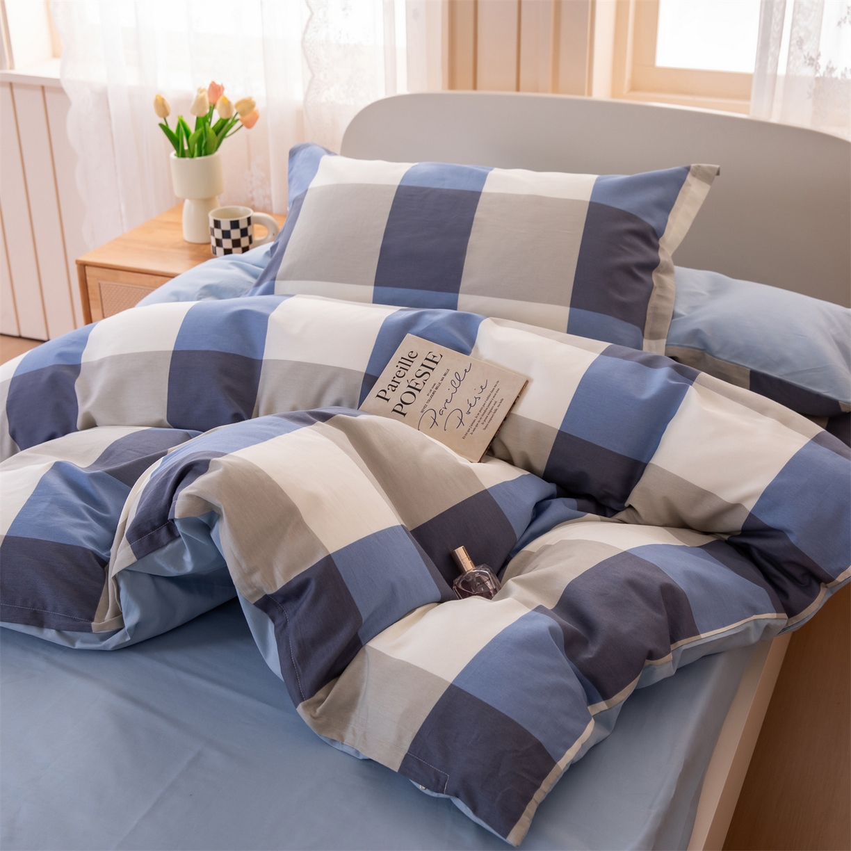 91家纺网 家纺一手货源 找家纺 凌云家纺 2025新款13372全棉纯棉学生床单款三件套上下铺宿舍六件套一整套 蓝大格蓝