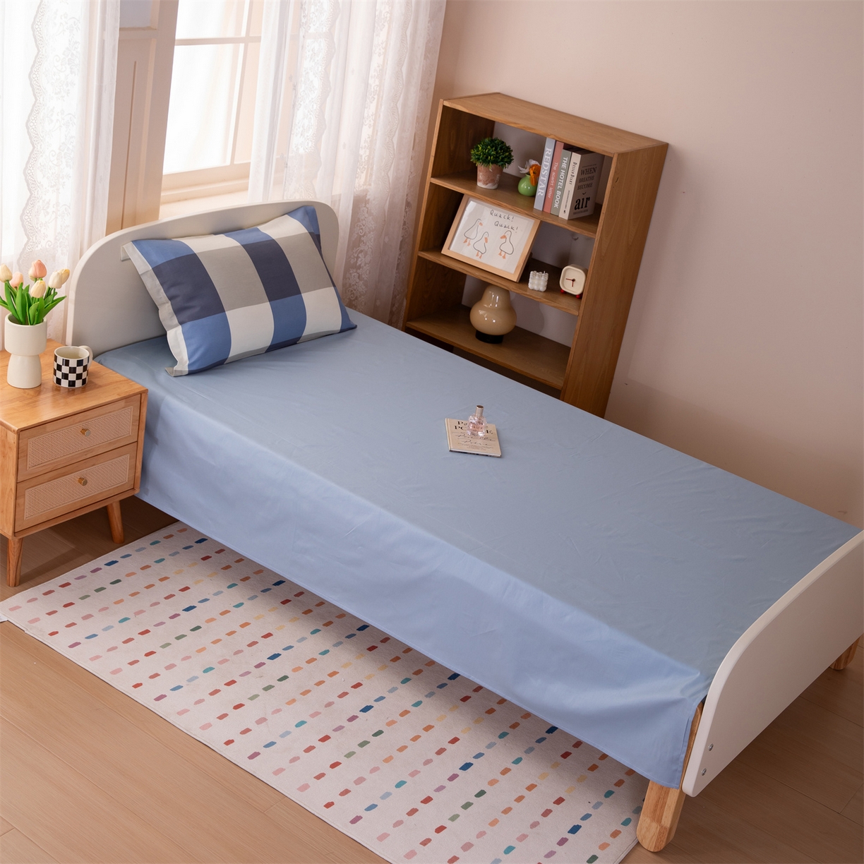 91家纺网 家纺一手货源 找家纺 凌云家纺 2025新款13372全棉纯棉学生床单款三件套上下铺宿舍六件套一整套 蓝大格蓝