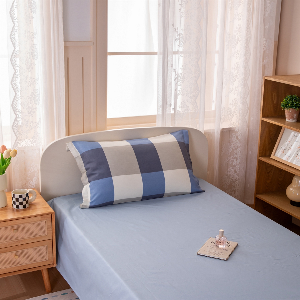 91家纺网 家纺一手货源 找家纺 凌云家纺 2025新款13372全棉纯棉学生床单款三件套上下铺宿舍六件套一整套 蓝大格蓝