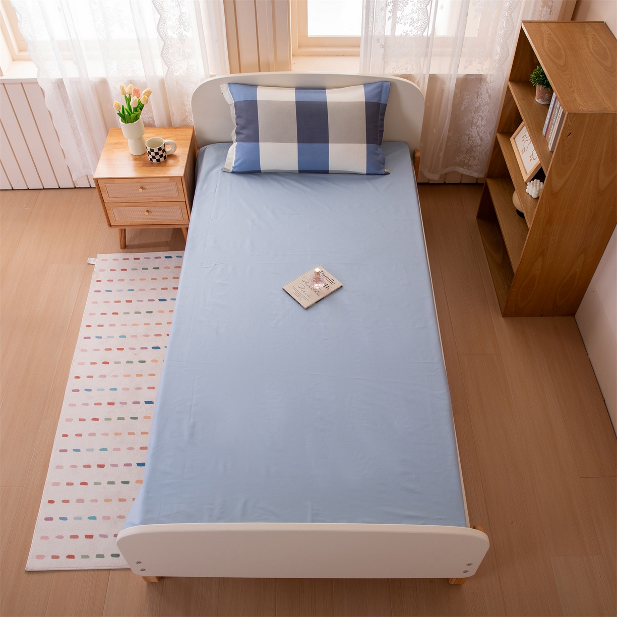 91家纺网 家纺一手货源 找家纺 凌云家纺 2025新款13372全棉纯棉学生床单款三件套上下铺宿舍六件套一整套 蓝大格蓝