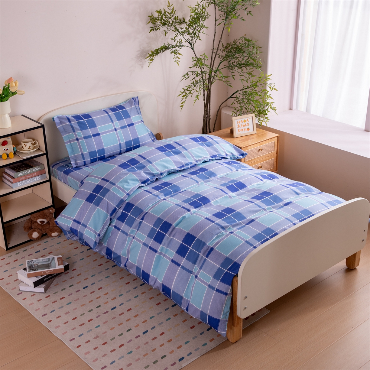 91家纺网 家纺一手货源 找家纺 凌云家纺 2025新款13372全棉纯棉学生床单款三件套上下铺宿舍六件套一整套 蓝绿格