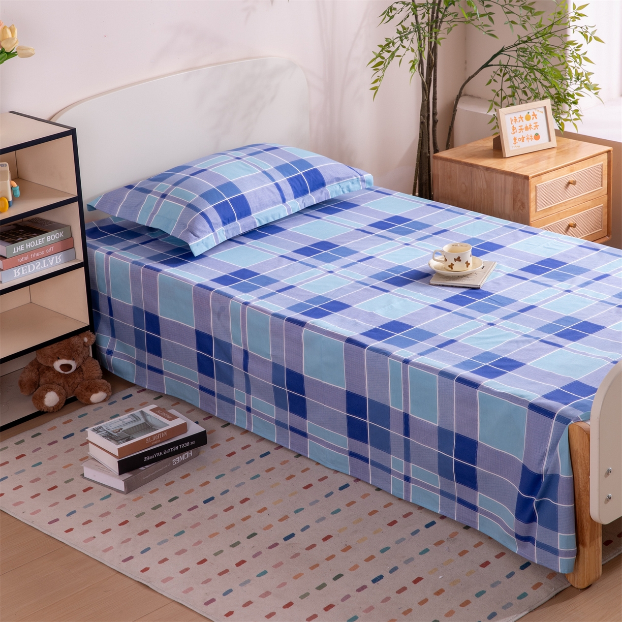 91家纺网 家纺一手货源 找家纺 凌云家纺 2025新款13372全棉纯棉学生床单款三件套上下铺宿舍六件套一整套 蓝绿格