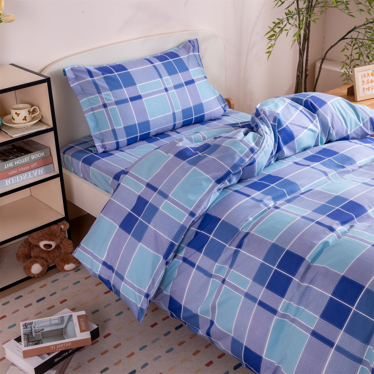 91家纺网 家纺一手货源 找家纺 凌云家纺 2025新款13372全棉纯棉学生床单款三件套上下铺宿舍六件套一整套 蓝绿格