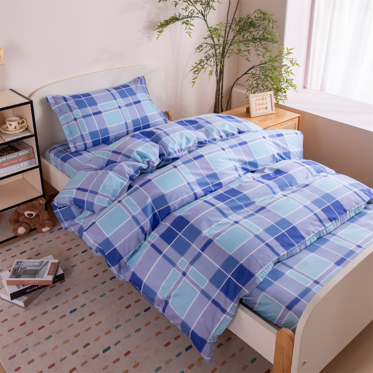 91家纺网 家纺一手货源 找家纺 凌云家纺 2025新款13372全棉纯棉学生床单款三件套上下铺宿舍六件套一整套 蓝绿格