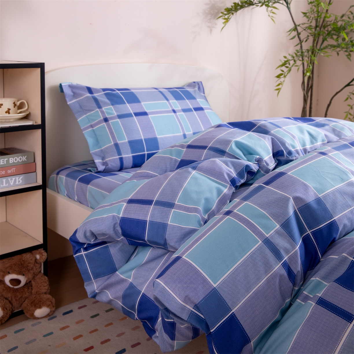 91家纺网 家纺一手货源 找家纺 凌云家纺 2025新款13372全棉纯棉学生床单款三件套上下铺宿舍六件套一整套 蓝绿格