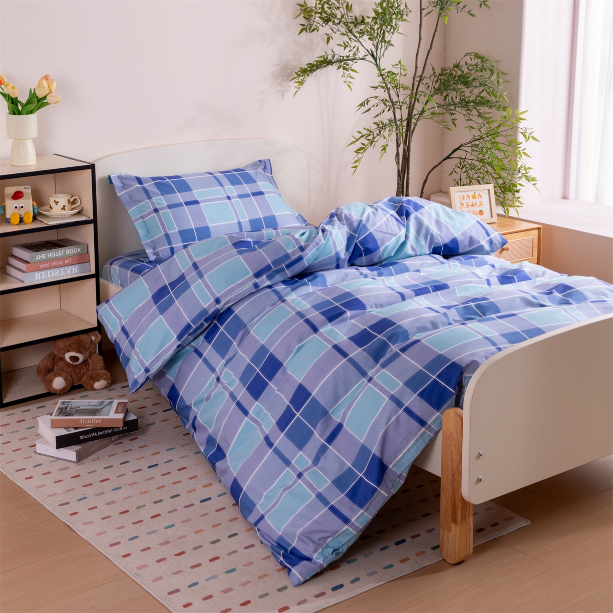 91家纺网 家纺一手货源 找家纺 凌云家纺 2025新款13372全棉纯棉学生床单款三件套上下铺宿舍六件套一整套 蓝绿格