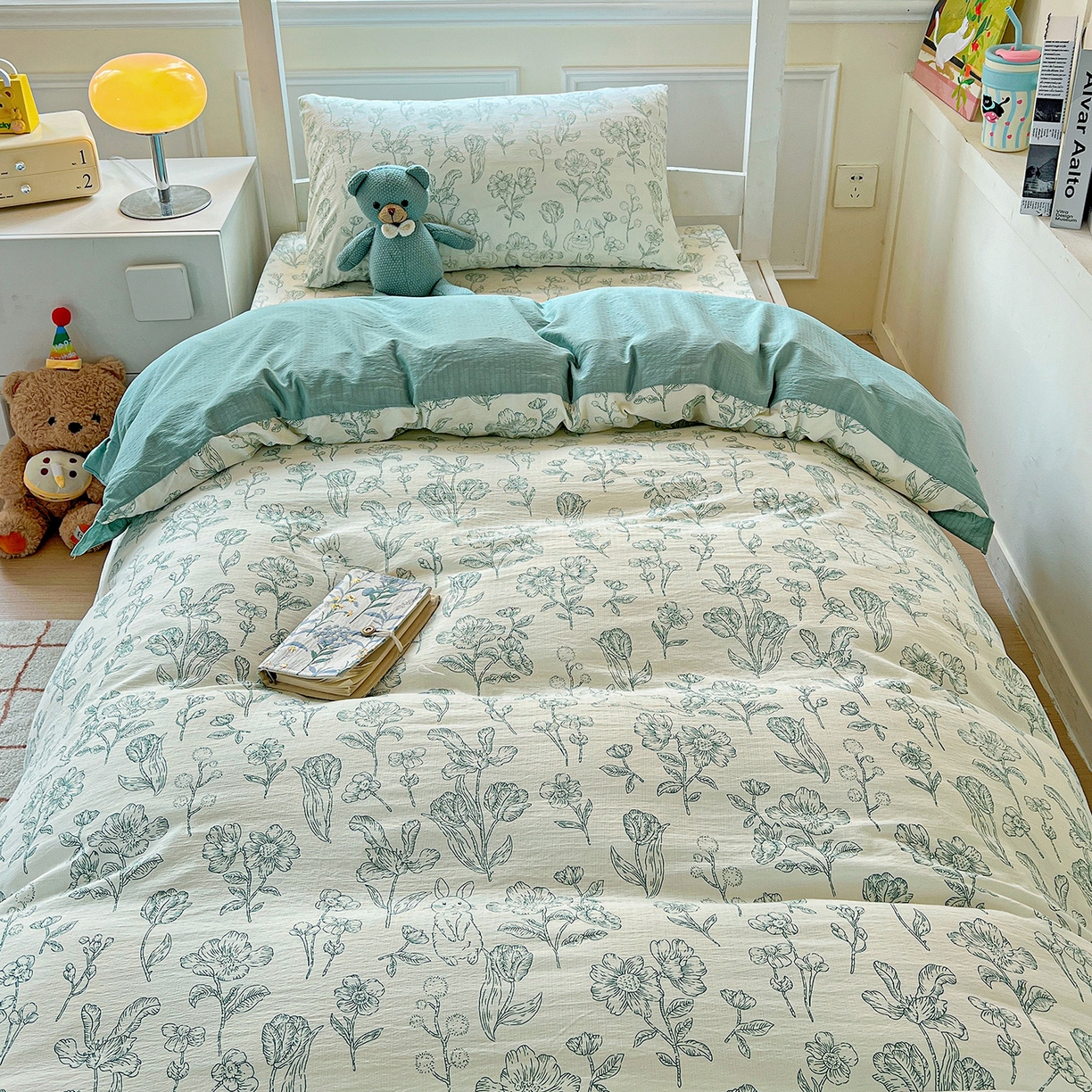 91家纺网 家纺一手货源 找家纺 纽缦家纺 2025新款云感提花双层纱韩版三件套宿舍三件套上下铺三件套 海像森林