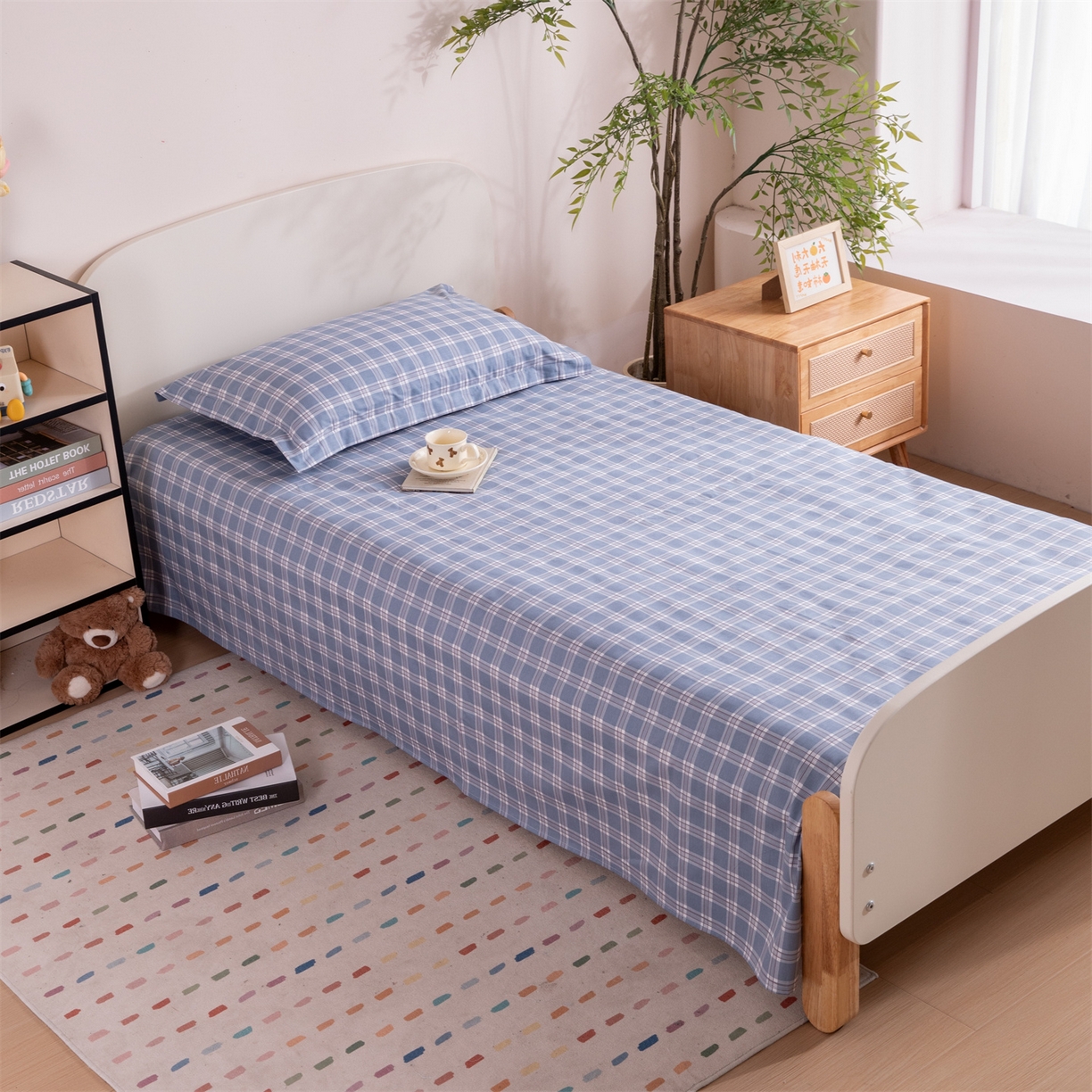 91家纺网 家纺一手货源 找家纺 凌云家纺 2025新款13372全棉纯棉学生床单款三件套上下铺宿舍六件套一整套 麦田蓝