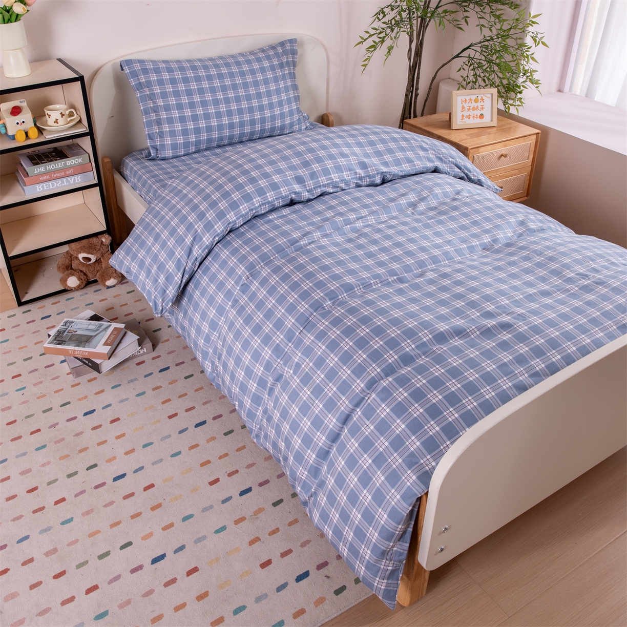 91家纺网 家纺一手货源 找家纺 凌云家纺 2025新款13372全棉纯棉学生床单款三件套上下铺宿舍六件套一整套 麦田蓝