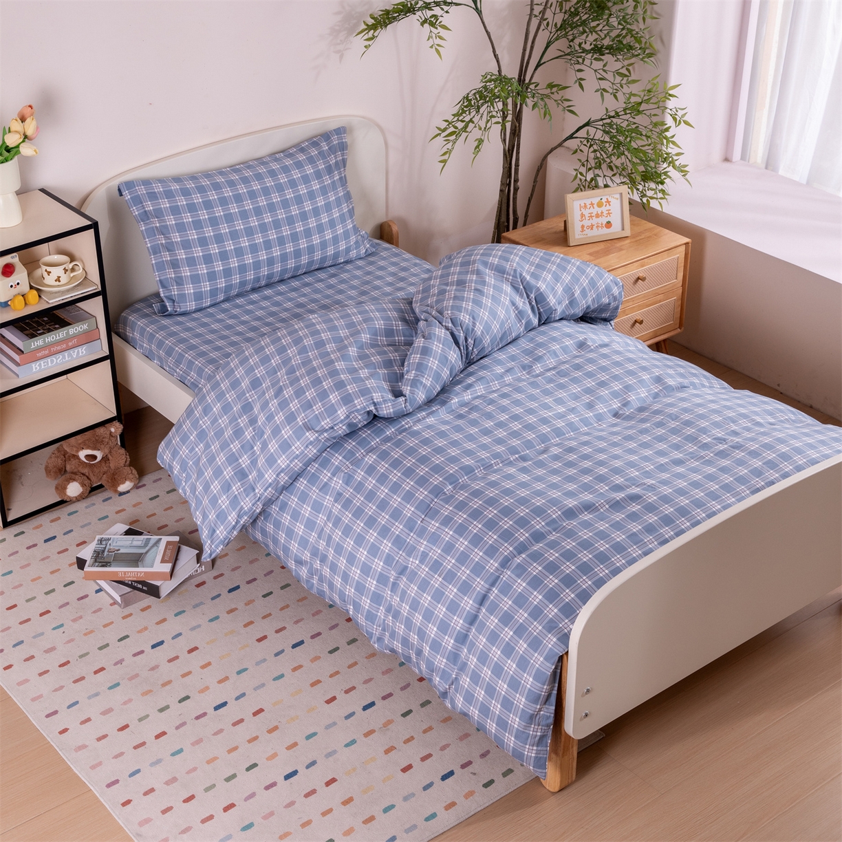 91家纺网 家纺一手货源 找家纺 凌云家纺 2025新款13372全棉纯棉学生床单款三件套上下铺宿舍六件套一整套 麦田蓝