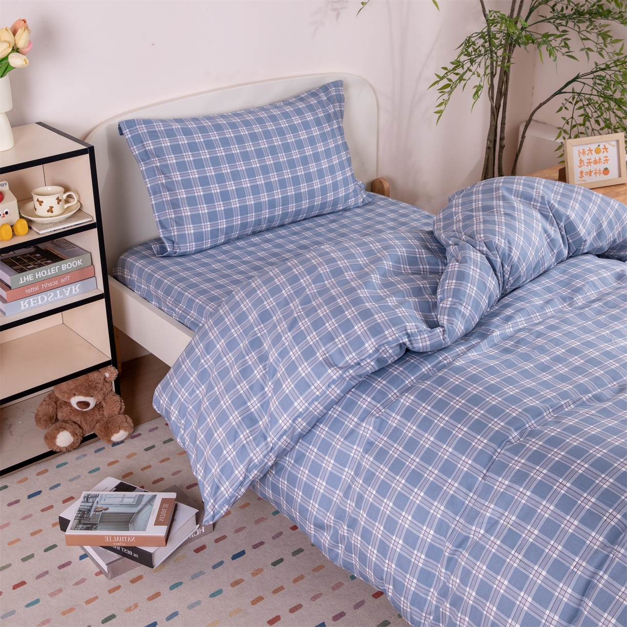 91家纺网 家纺一手货源 找家纺 凌云家纺 2025新款13372全棉纯棉学生床单款三件套上下铺宿舍六件套一整套 麦田蓝