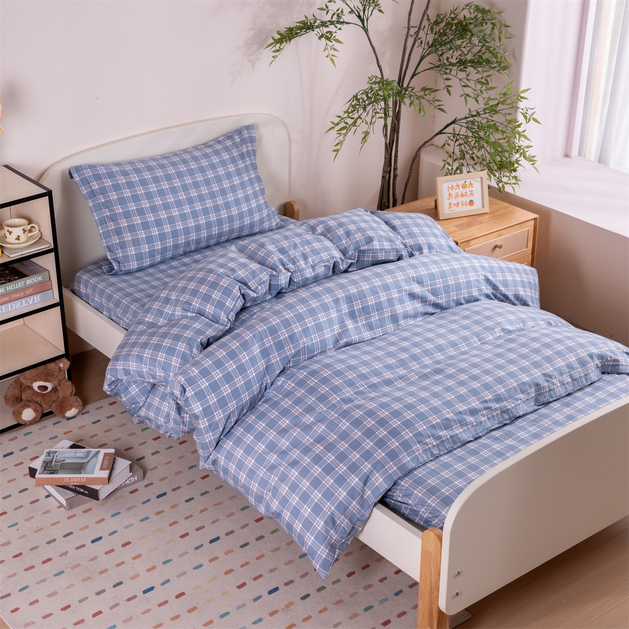 91家纺网 家纺一手货源 找家纺 凌云家纺 2025新款13372全棉纯棉学生床单款三件套上下铺宿舍六件套一整套 麦田蓝