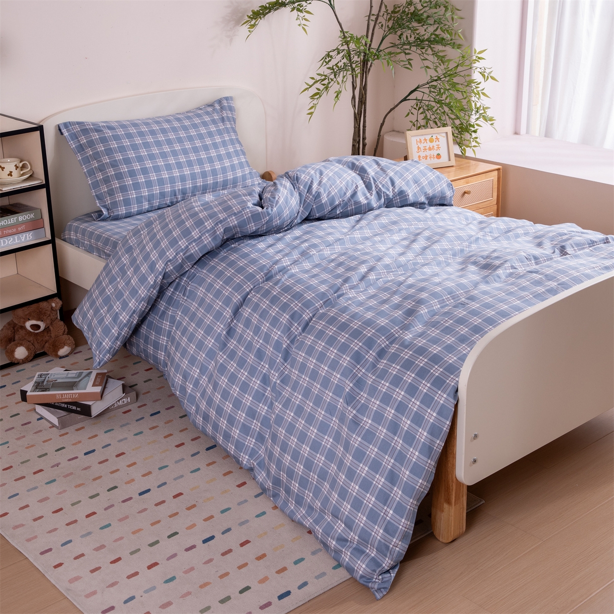 91家纺网 家纺一手货源 找家纺 凌云家纺 2025新款13372全棉纯棉学生床单款三件套上下铺宿舍六件套一整套 麦田蓝