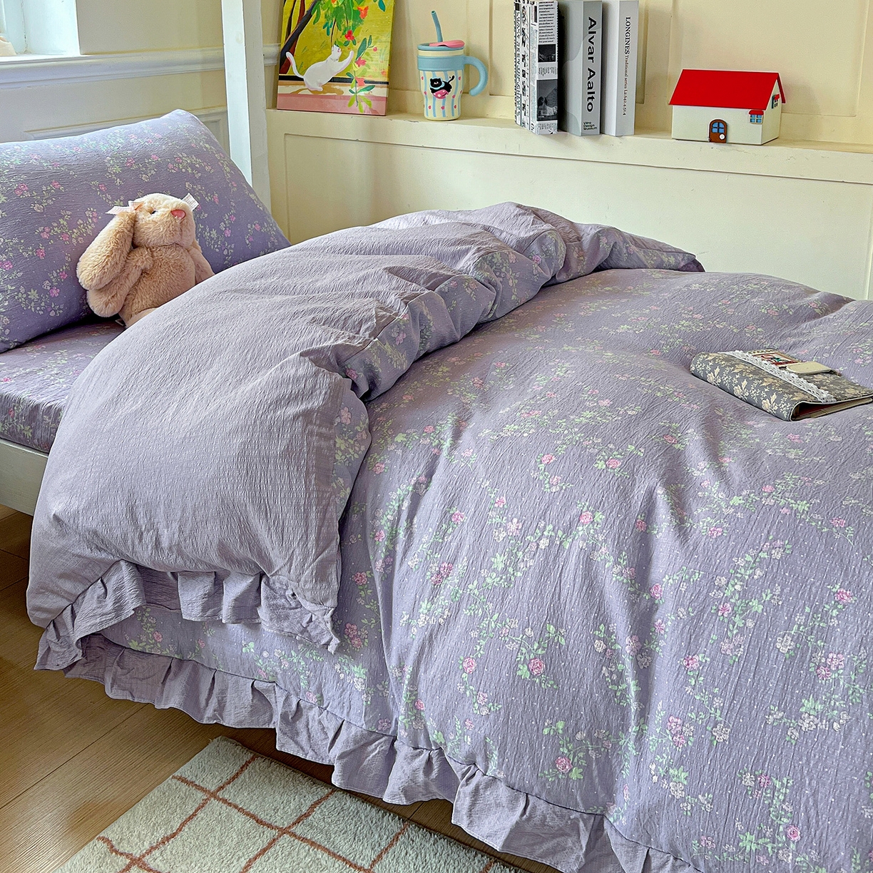 91家纺网 家纺一手货源 找家纺 纽缦家纺 2025新款云感提花双层纱韩版三件套宿舍三件套上下铺三件套 恋人青柠香