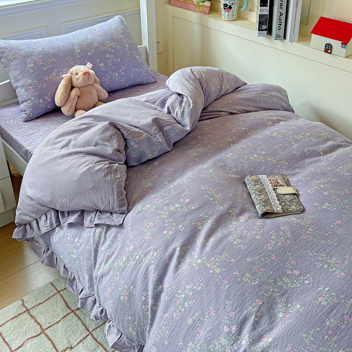 91家纺网 家纺一手货源 找家纺 纽缦家纺 2025新款云感提花双层纱韩版三件套宿舍三件套上下铺三件套 恋人青柠香