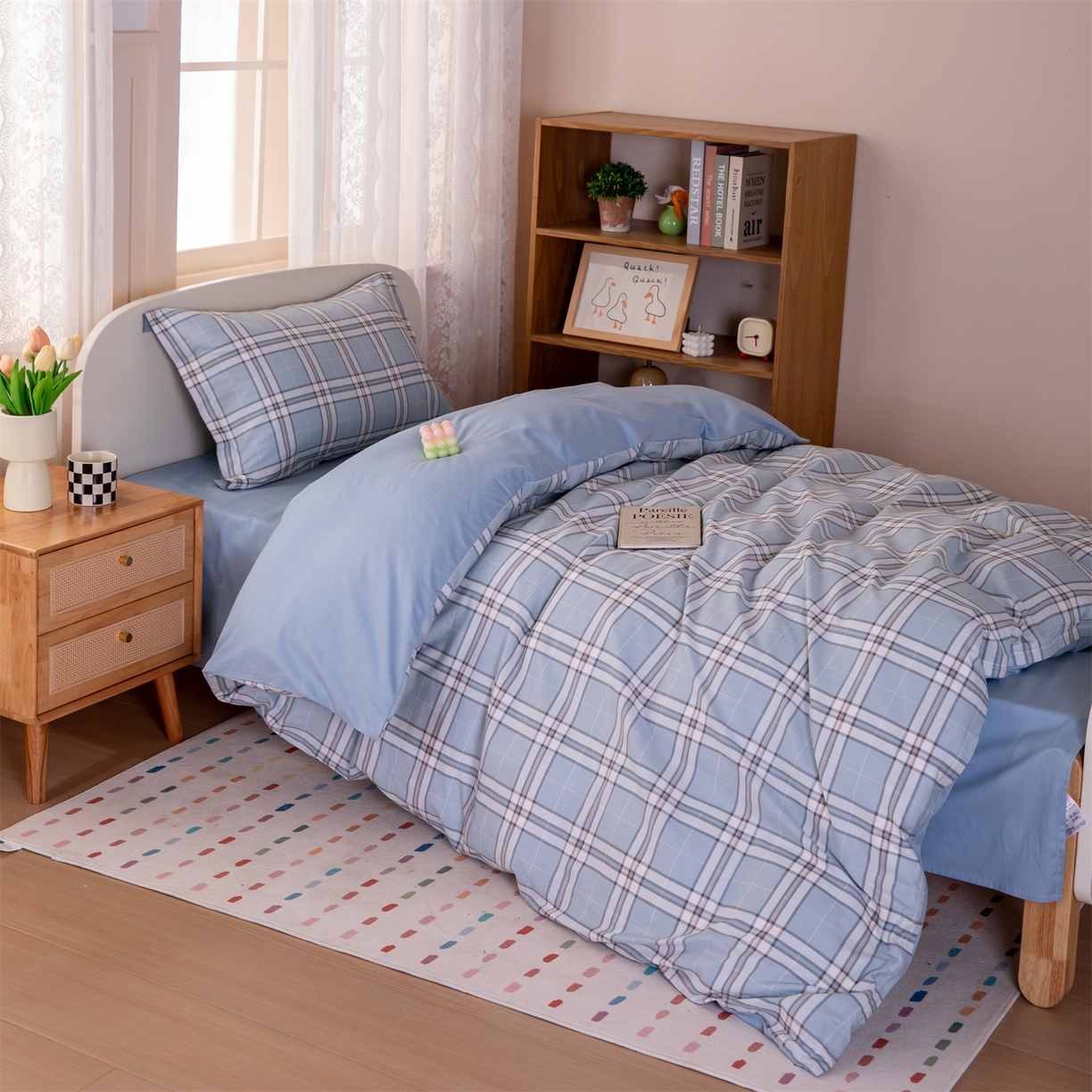 91家纺网 家纺一手货源 找家纺 凌云家纺 2025新款13372全棉纯棉学生床单款三件套上下铺宿舍六件套一整套 绮梦蓝