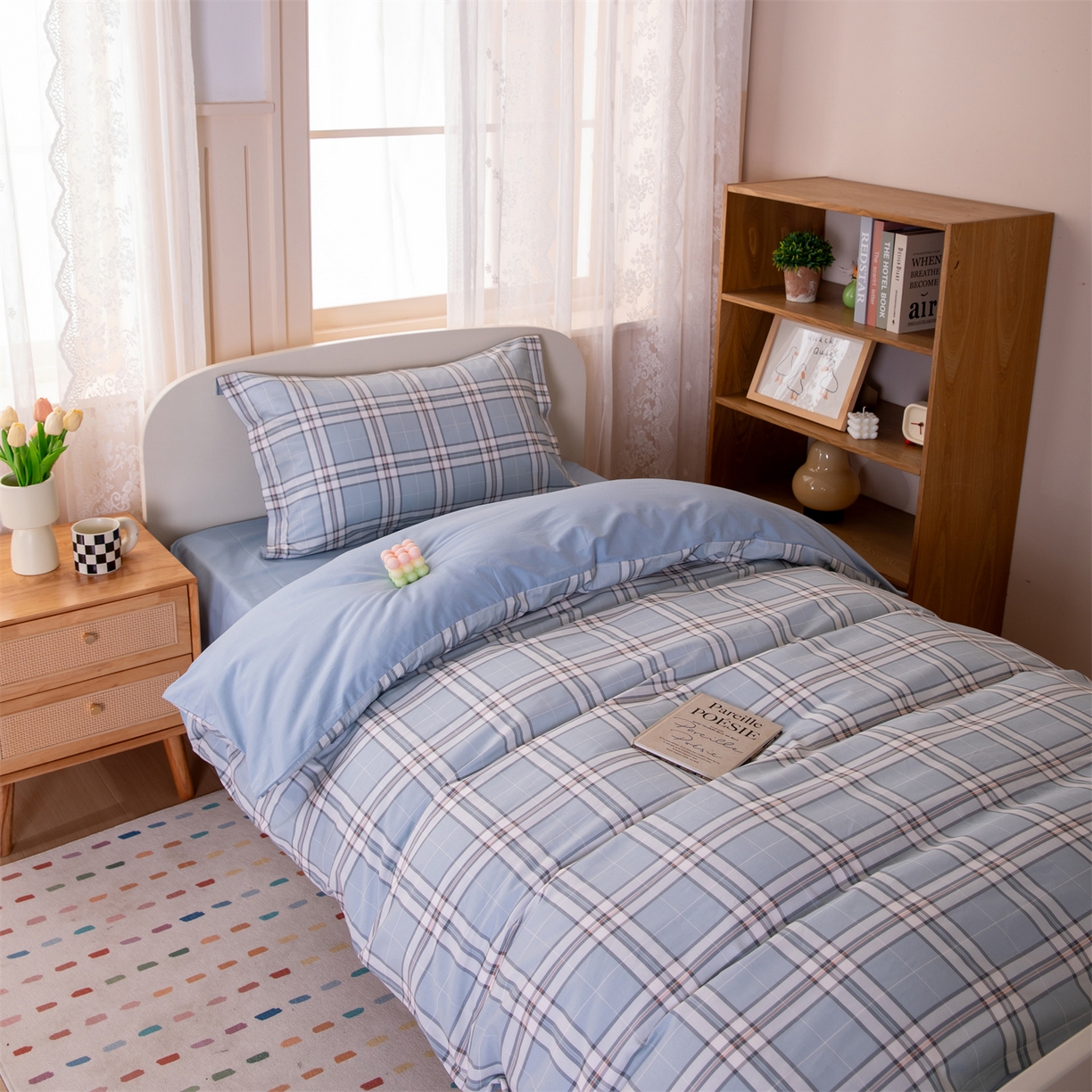 91家纺网 家纺一手货源 找家纺 凌云家纺 2025新款13372全棉纯棉学生床单款三件套上下铺宿舍六件套一整套 绮梦蓝