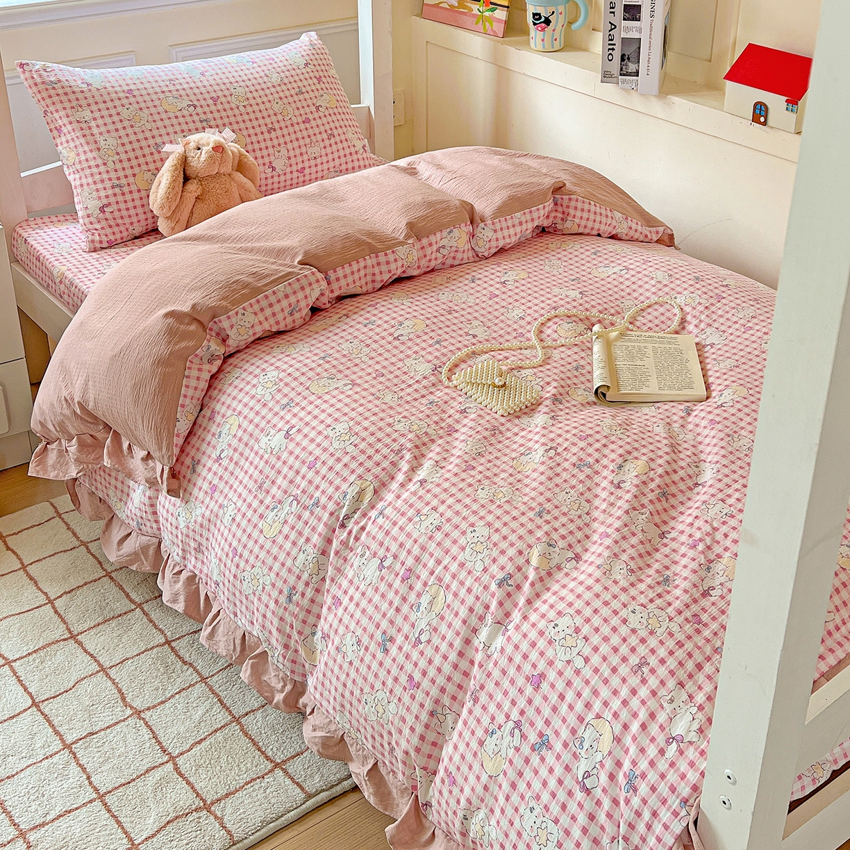 纽缦家纺 2025新款云感提花双层纱韩版三件套宿舍三件套上下铺三件套 猫猫晚宴