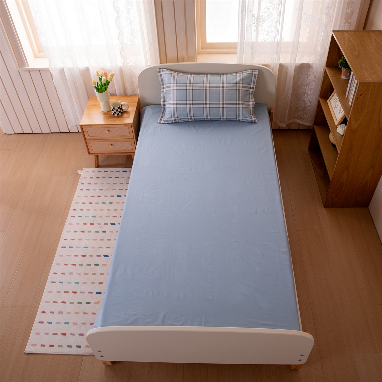 91家纺网 家纺一手货源 找家纺 凌云家纺 2025新款13372全棉纯棉学生床单款三件套上下铺宿舍六件套一整套 绮梦蓝