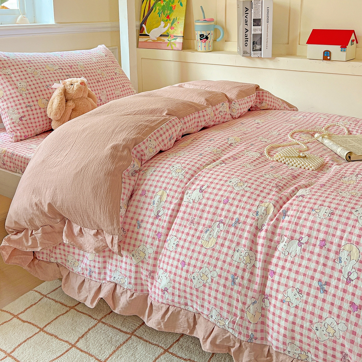 91家纺网 家纺一手货源 找家纺 纽缦家纺 2025新款云感提花双层纱韩版三件套宿舍三件套上下铺三件套 猫猫晚宴