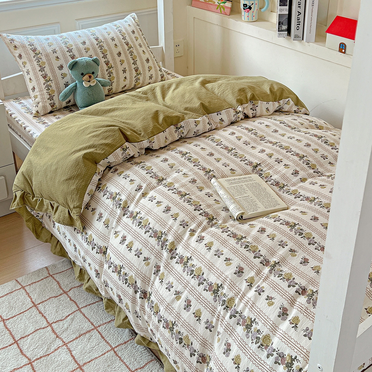 纽缦家纺 2025新款云感提花双层纱韩版三件套宿舍三件套上下铺三件套 玫瑰哒