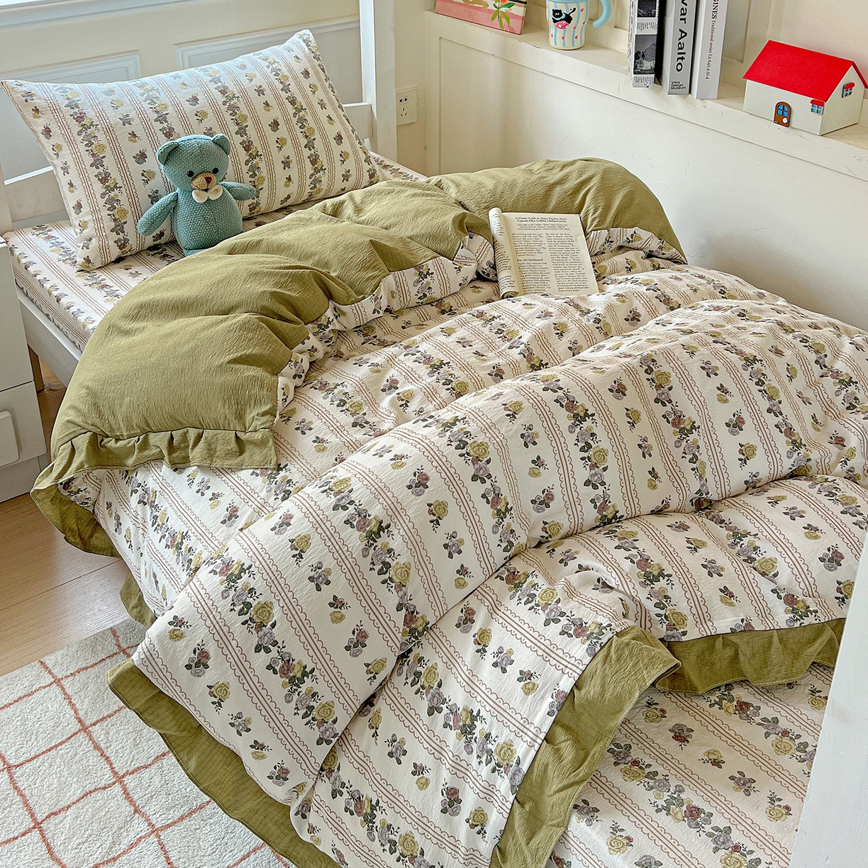 91家纺网 家纺一手货源 找家纺 纽缦家纺 2025新款云感提花双层纱韩版三件套宿舍三件套上下铺三件套 玫瑰哒