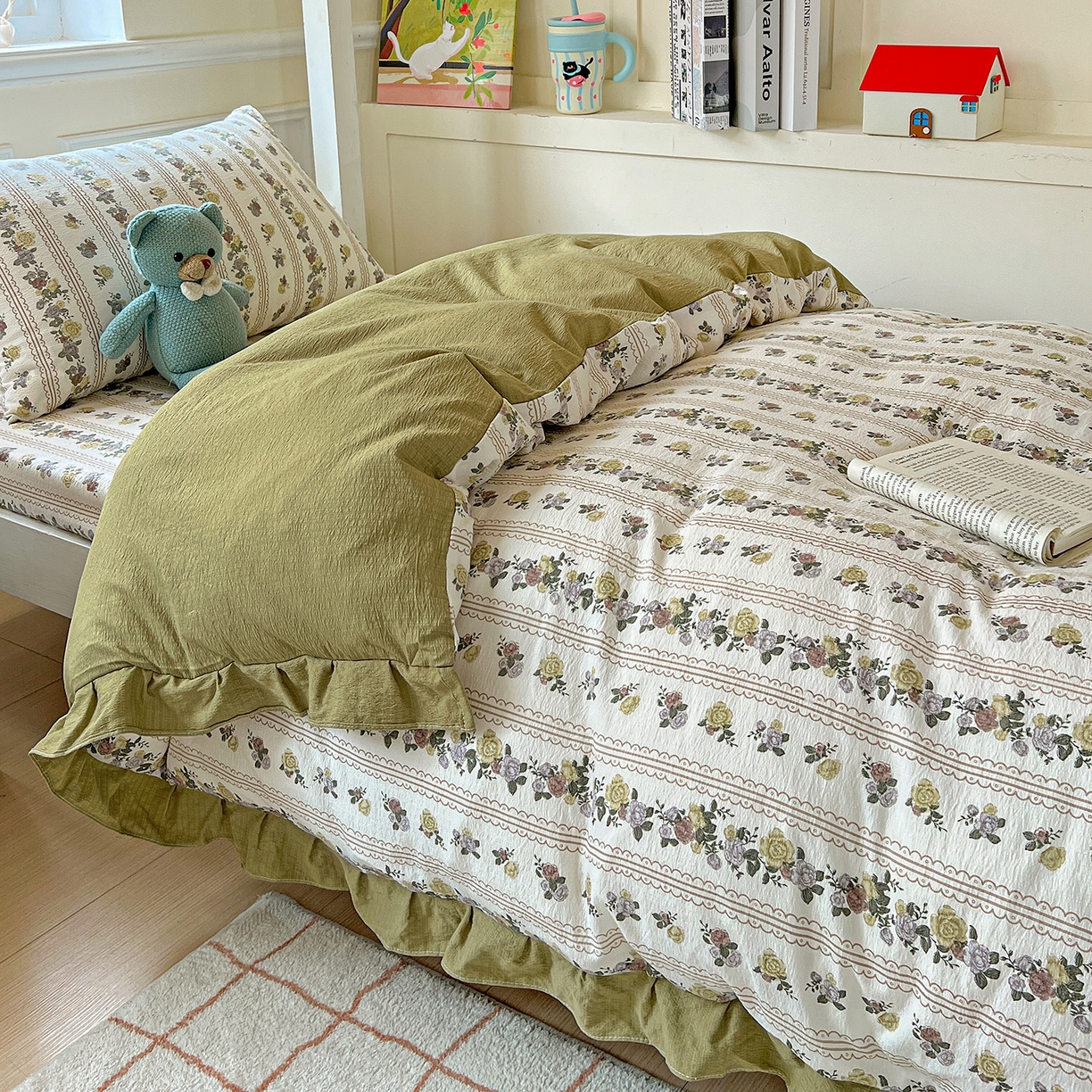 91家纺网 家纺一手货源 找家纺 纽缦家纺 2025新款云感提花双层纱韩版三件套宿舍三件套上下铺三件套 玫瑰哒