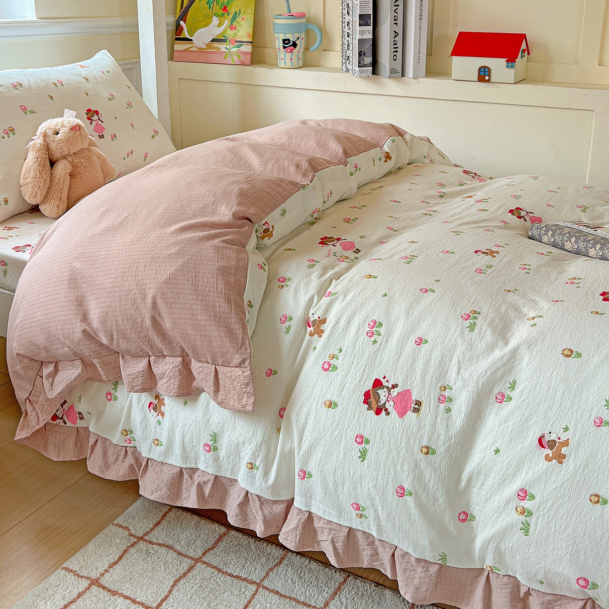 91家纺网 家纺一手货源 找家纺 纽缦家纺 2025新款云感提花双层纱韩版三件套宿舍三件套上下铺三件套 蜜糖之恋