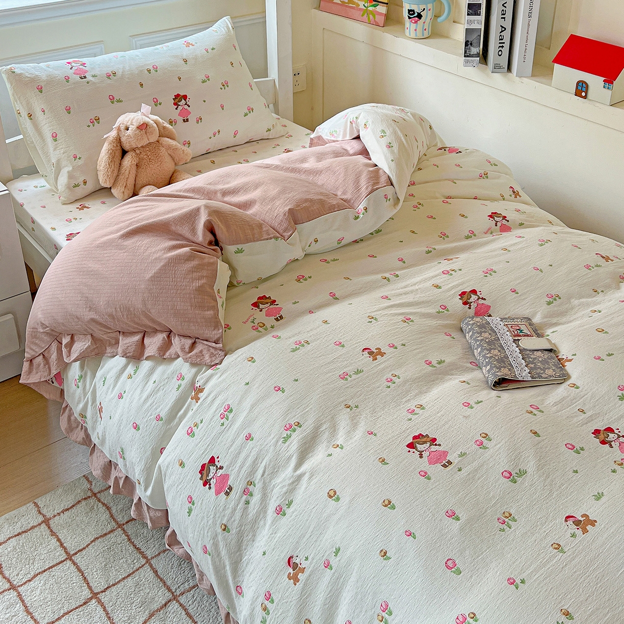 91家纺网 家纺一手货源 找家纺 纽缦家纺 2025新款云感提花双层纱韩版三件套宿舍三件套上下铺三件套 蜜糖之恋