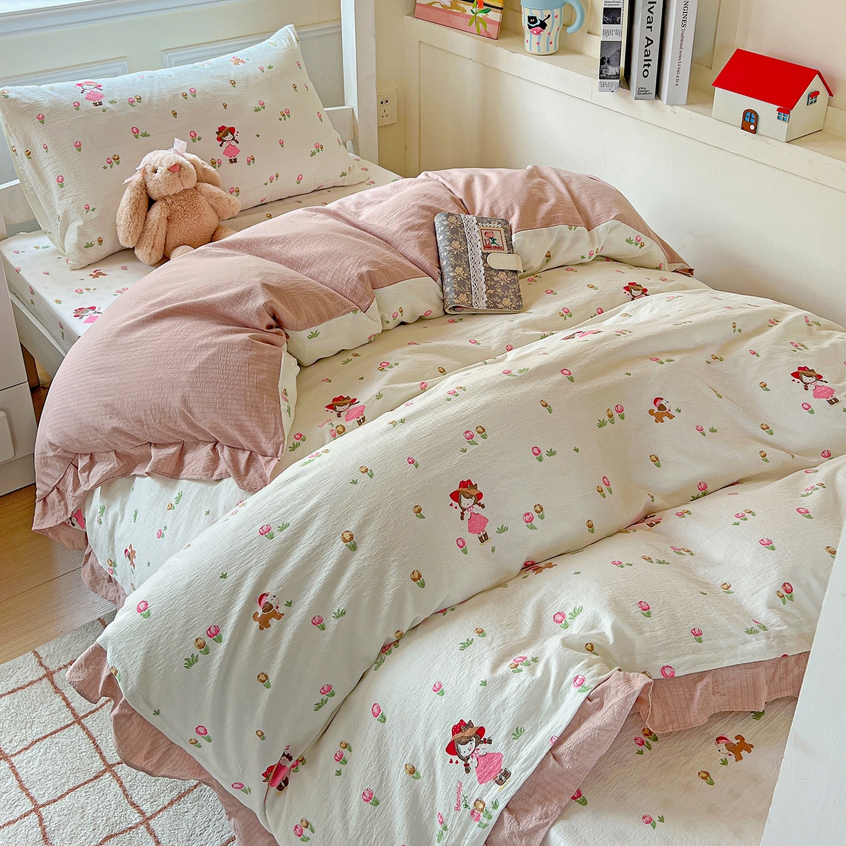 91家纺网 家纺一手货源 找家纺 纽缦家纺 2025新款云感提花双层纱韩版三件套宿舍三件套上下铺三件套 蜜糖之恋