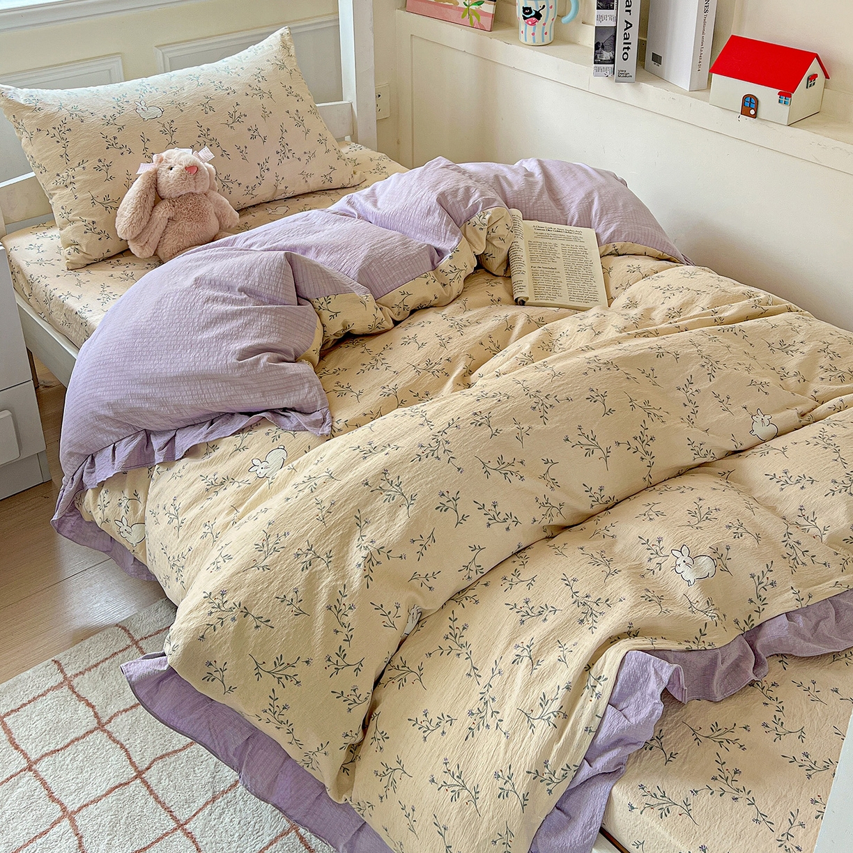 91家纺网 家纺一手货源 找家纺 纽缦家纺 2025新款云感提花双层纱韩版三件套宿舍三件套上下铺三件套 森田野园