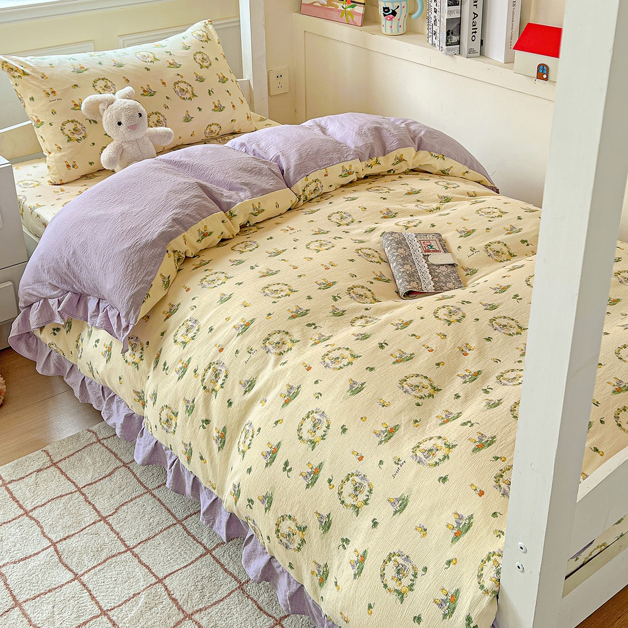 纽缦家纺 2025新款云感提花双层纱韩版三件套宿舍三件套上下铺三件套 兔子的欢喜