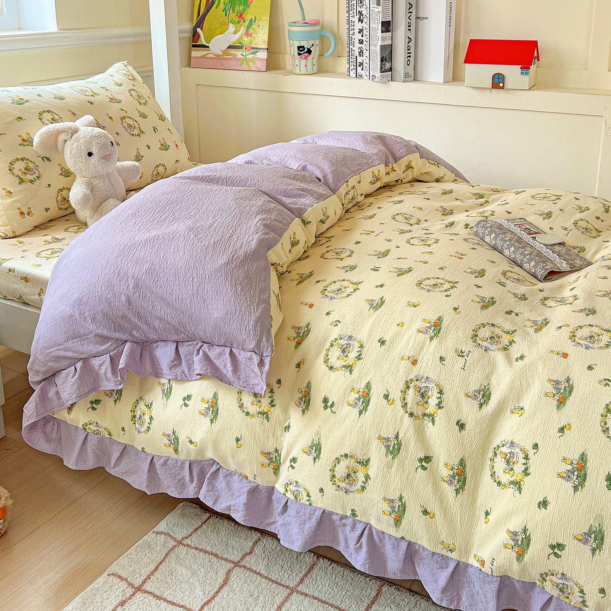 91家纺网 家纺一手货源 找家纺 纽缦家纺 2025新款云感提花双层纱韩版三件套宿舍三件套上下铺三件套 兔子的欢喜