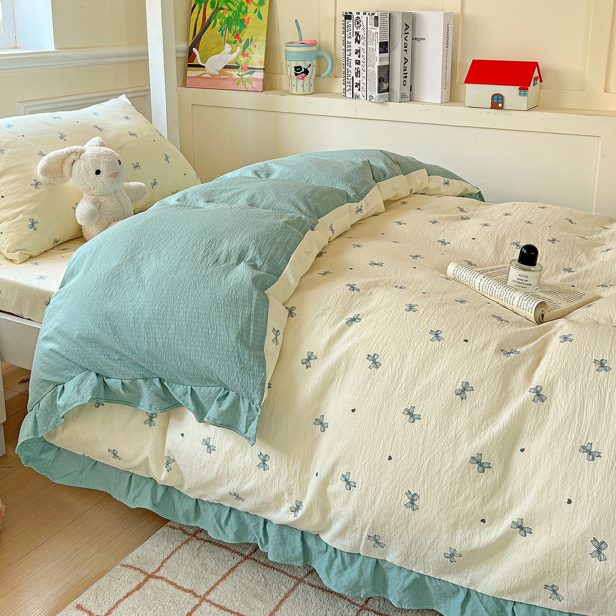 91家纺网 家纺一手货源 找家纺 纽缦家纺 2025新款云感提花双层纱韩版三件套宿舍三件套上下铺三件套 相思蓝