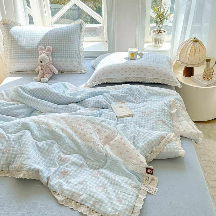 91家纺网 家纺一手货源 找家纺 丽美人2025新款韩版花边皱皱纱夏被A类面料 蓝梦