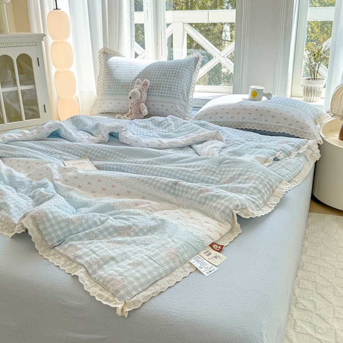 91家纺网 家纺一手货源 找家纺 丽美人2025新款韩版花边皱皱纱夏被A类面料 蓝梦