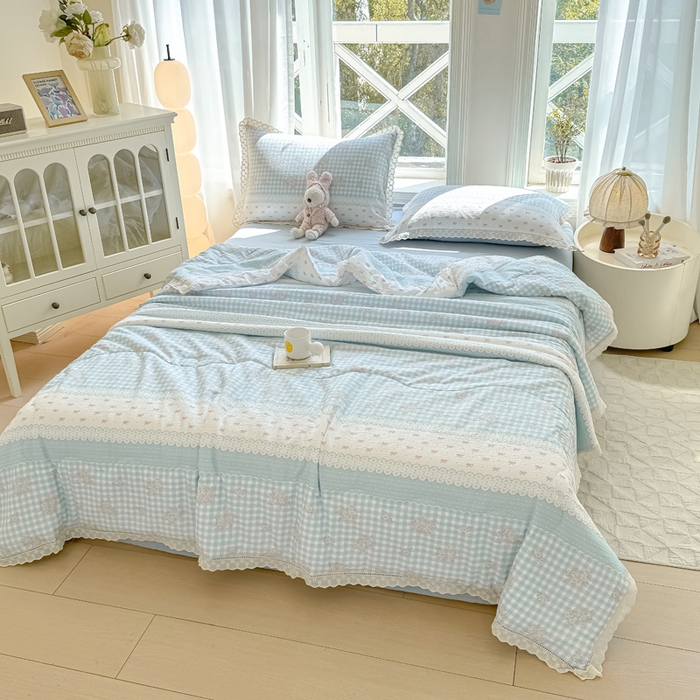 91家纺网 家纺一手货源 找家纺 丽美人2025新款韩版花边皱皱纱夏被A类面料 蓝梦