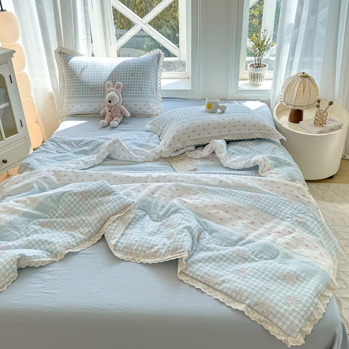 91家纺网 家纺一手货源 找家纺 丽美人2025新款韩版花边皱皱纱夏被A类面料 蓝梦