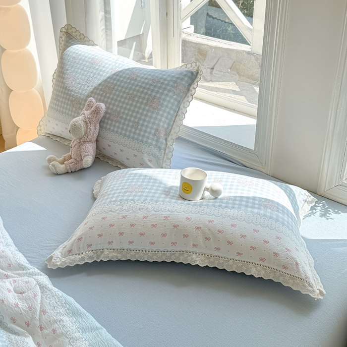 91家纺网 家纺一手货源 找家纺 丽美人2025新款韩版花边皱皱纱夏被A类面料 蓝梦