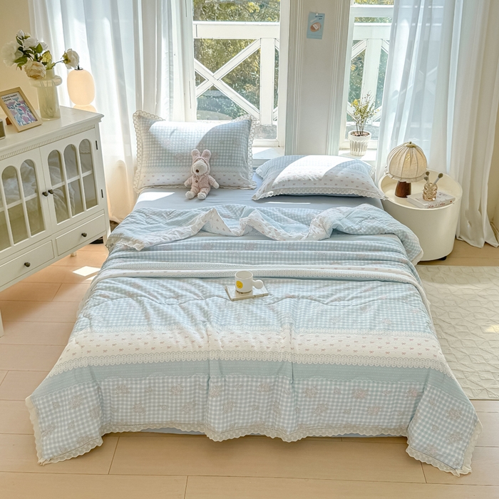 91家纺网 家纺一手货源 找家纺 丽美人2025新款韩版花边皱皱纱夏被A类面料 蓝梦