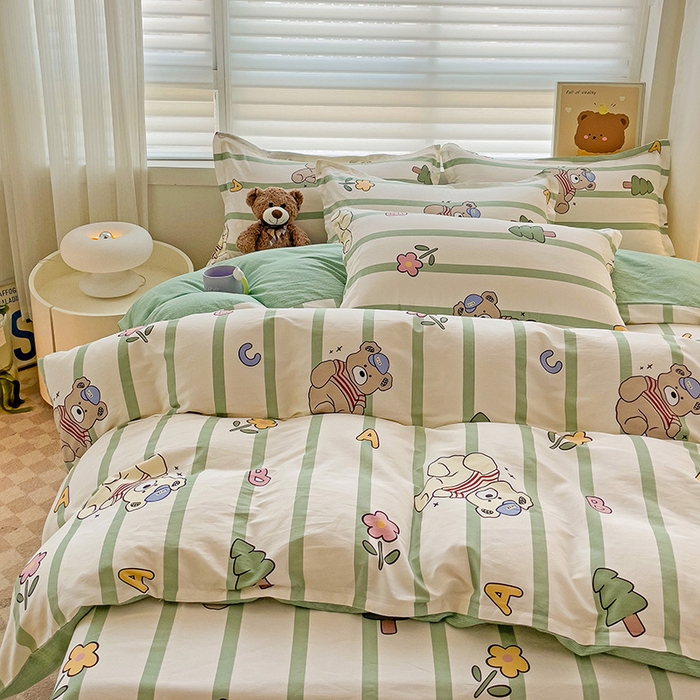 91家纺网 家纺一手货源 找家纺 纽缦家纺 2025新款全棉纯棉斜纹印花四件套 趣味熊