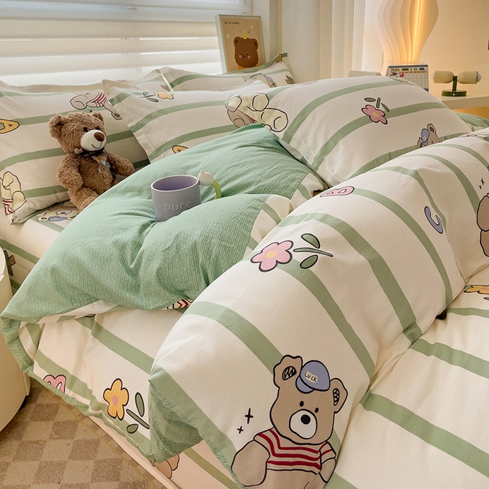 91家纺网 家纺一手货源 找家纺 纽缦家纺 2025新款全棉纯棉斜纹印花四件套 趣味熊