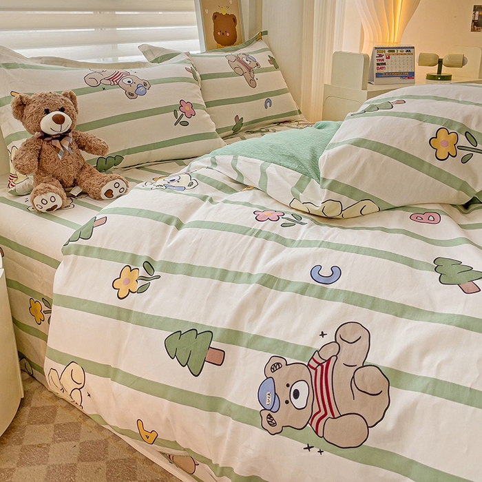 91家纺网 家纺一手货源 找家纺 纽缦家纺 2025新款全棉纯棉斜纹印花四件套 趣味熊