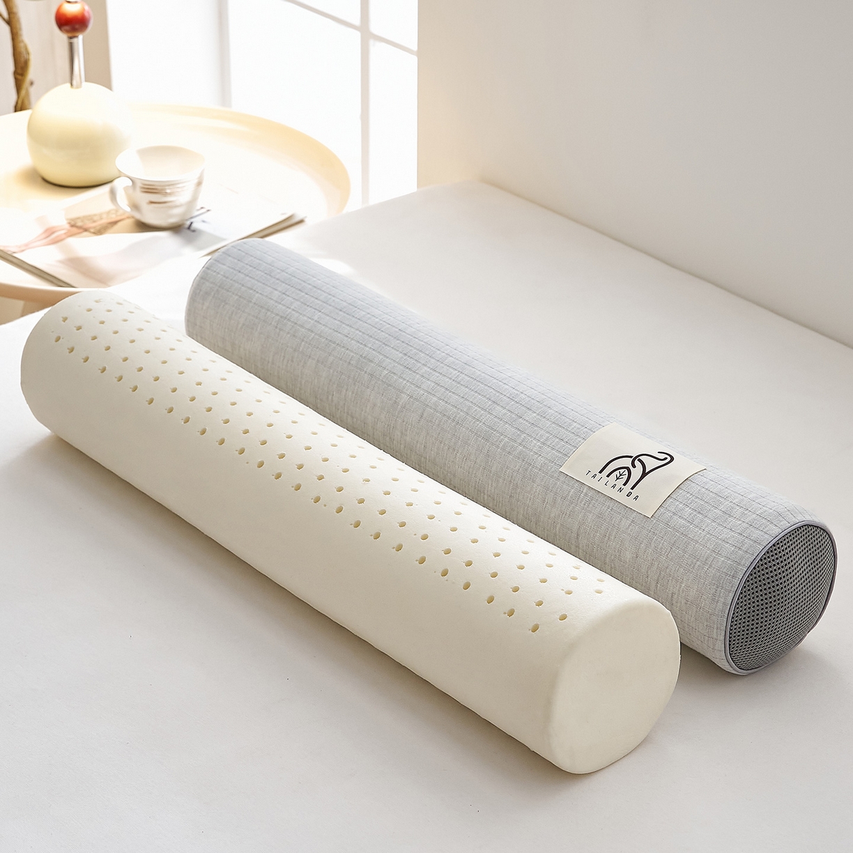 91家纺网 家纺一手货源 找家纺 鼎盛乳胶 2025新款多功能条纹乳胶圆柱枕枕头腰枕 亲肤棉灰 50x10cm/只