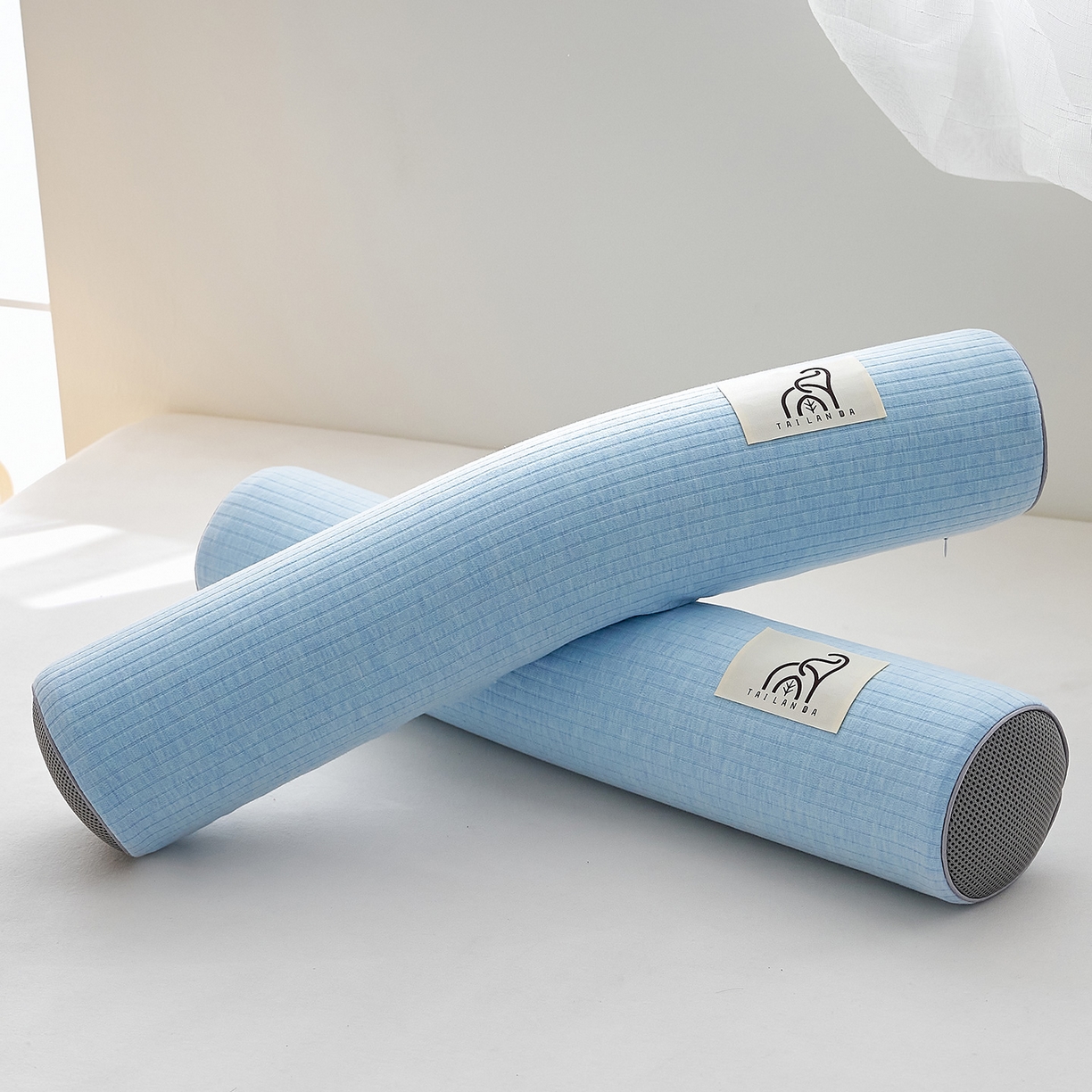 91家纺网 家纺一手货源 找家纺 鼎盛乳胶 2025新款多功能条纹乳胶圆柱枕枕头腰枕 亲肤棉蓝 60x10cm/只