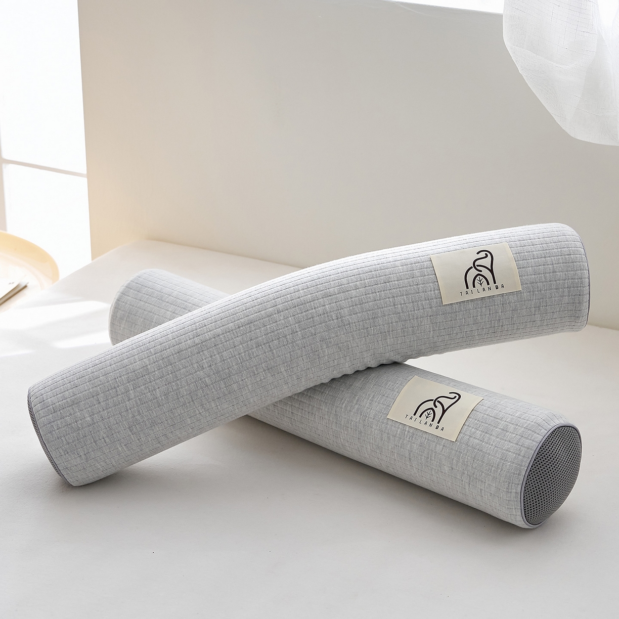 91家纺网 家纺一手货源 找家纺 鼎盛乳胶 2025新款多功能条纹乳胶圆柱枕枕头腰枕 亲肤棉灰 50x10cm/只