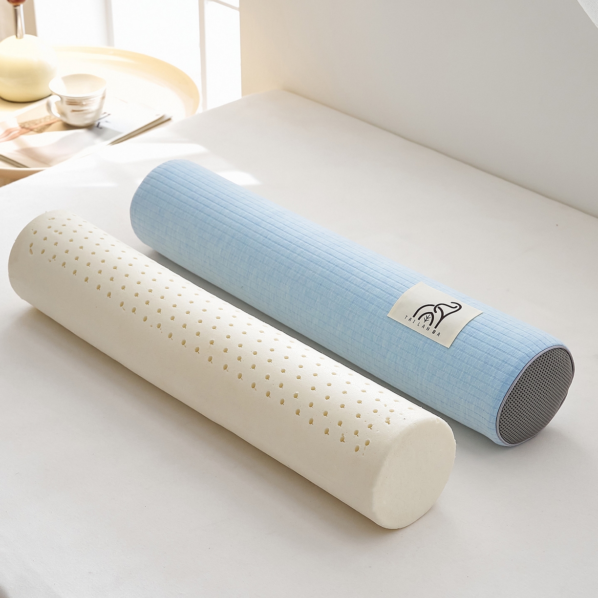 91家纺网 家纺一手货源 找家纺 鼎盛乳胶 2025新款多功能条纹乳胶圆柱枕枕头腰枕 亲肤棉蓝 60x10cm/只