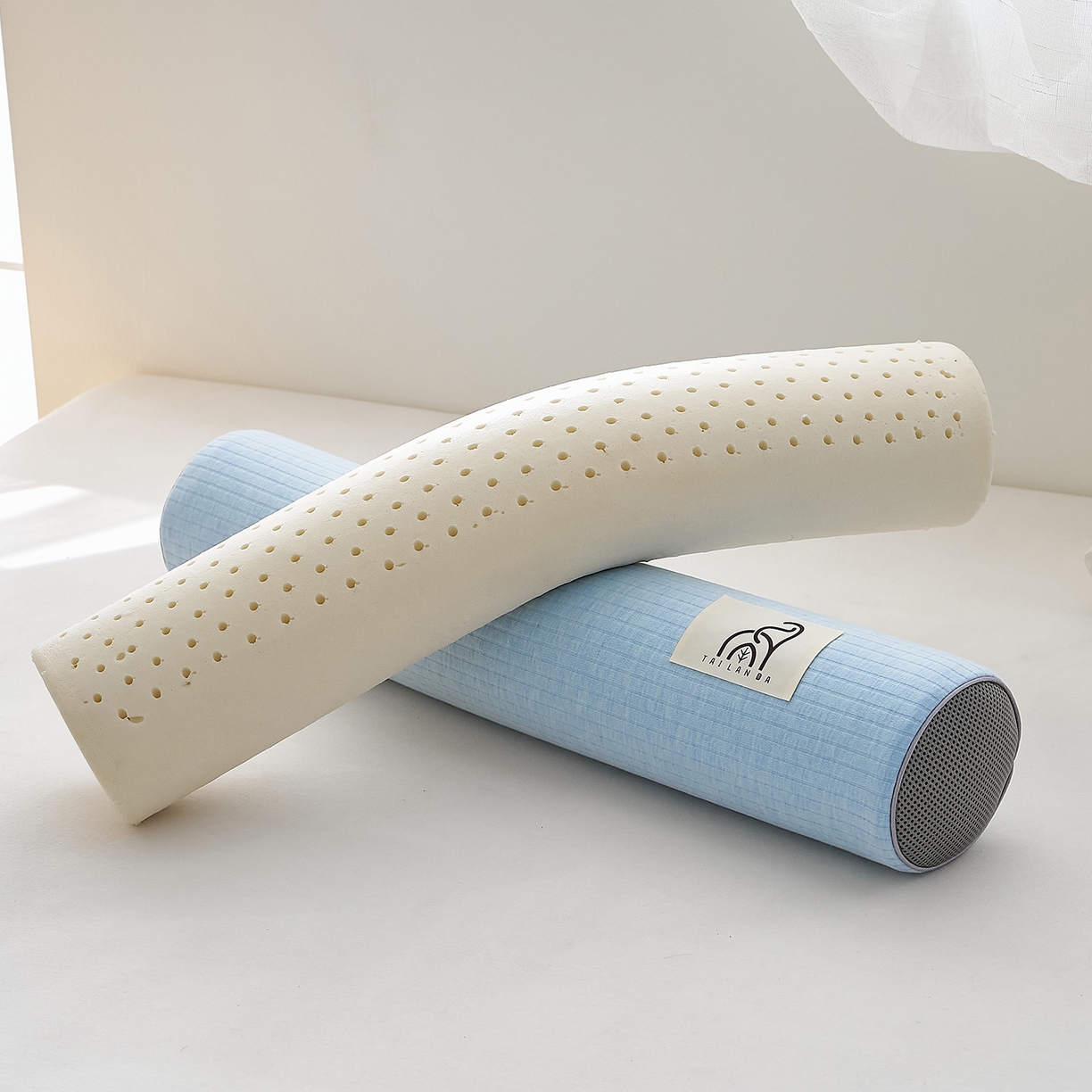 91家纺网 家纺一手货源 找家纺 鼎盛乳胶 2025新款多功能条纹乳胶圆柱枕枕头腰枕 亲肤棉蓝 60x10cm/只